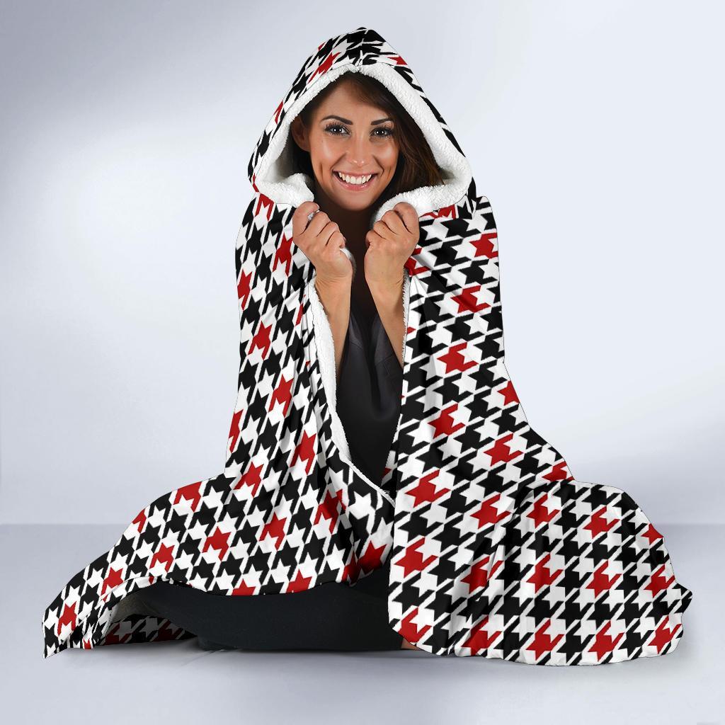 Houndstooth Print Pattern Hooded Blanket-grizzshop