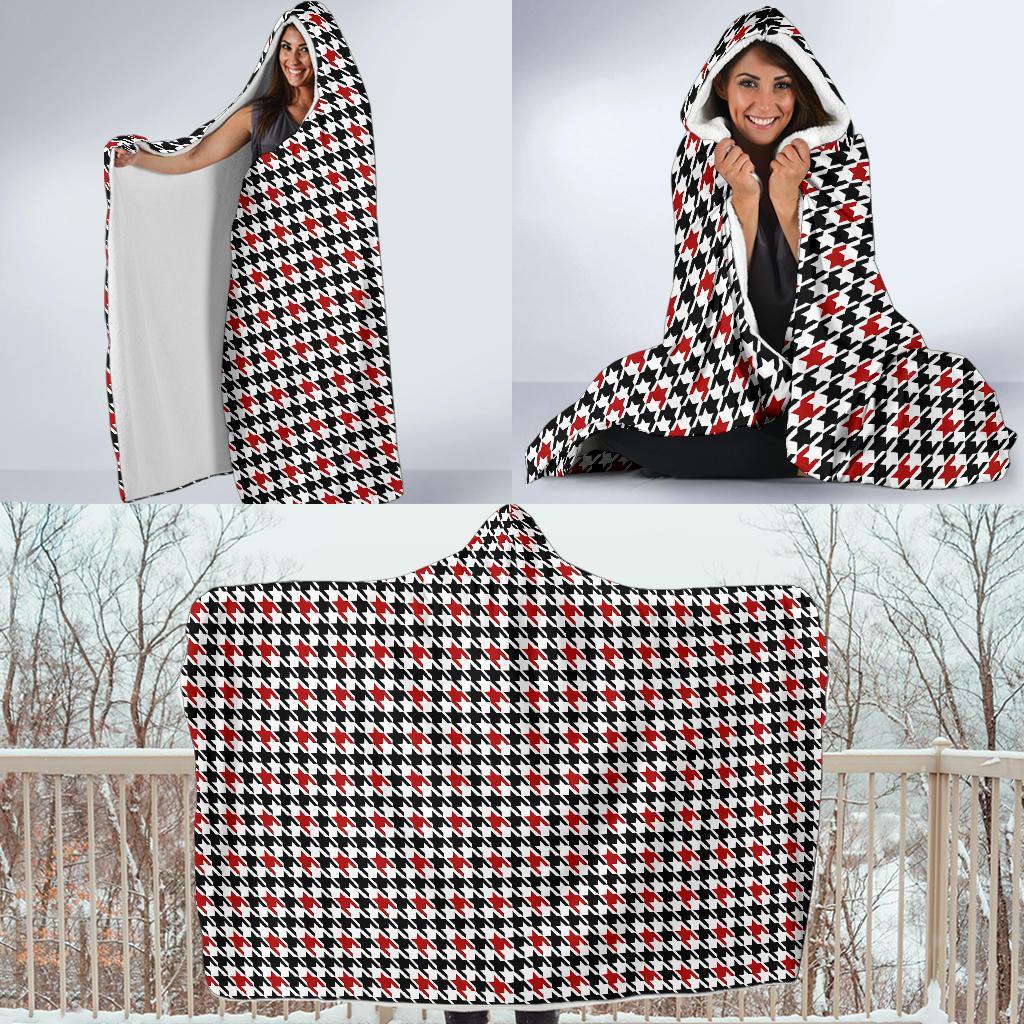 Houndstooth Print Pattern Hooded Blanket-grizzshop