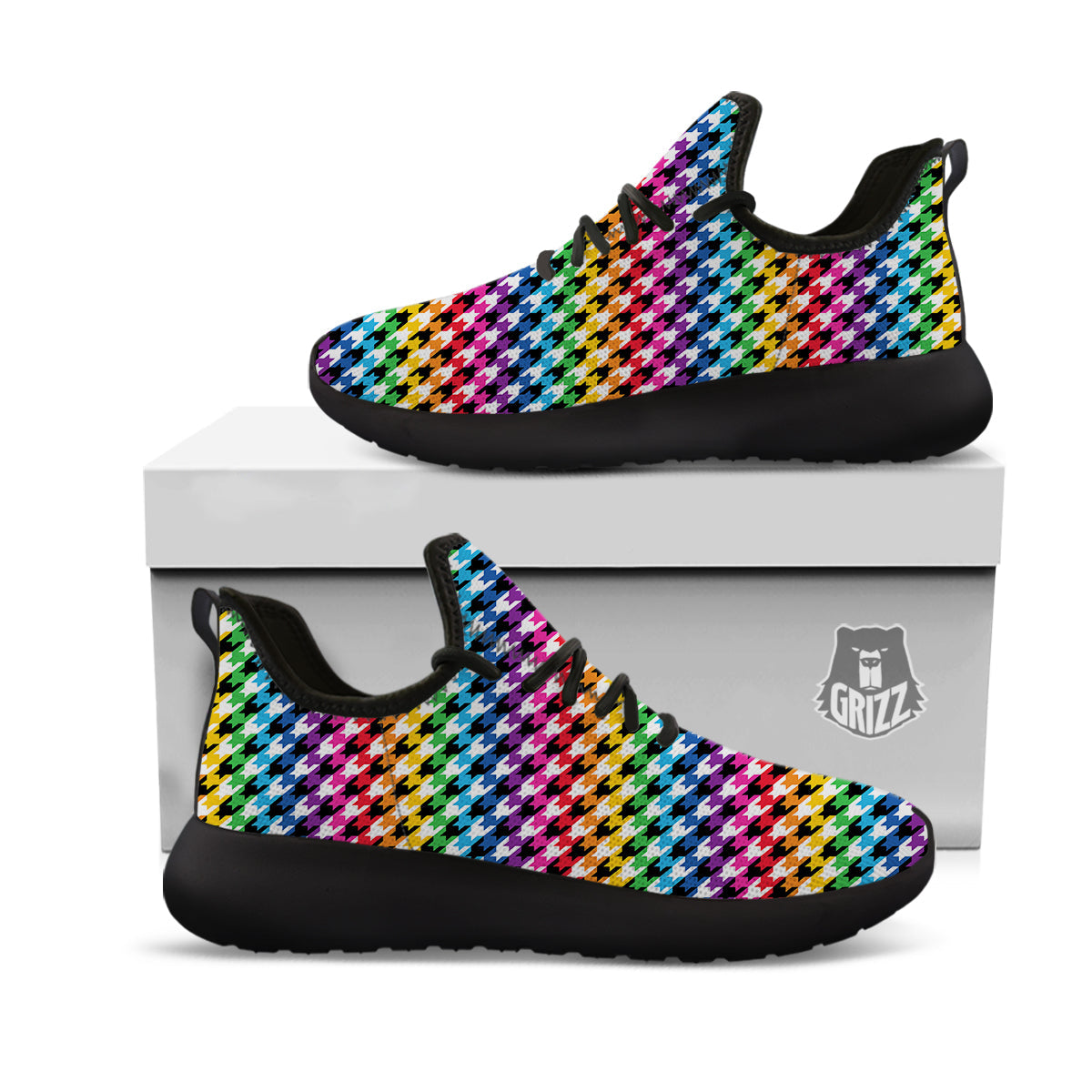 Houndstooth Rainbow Pride Print Pattern Black Athletic Shoes-grizzshop