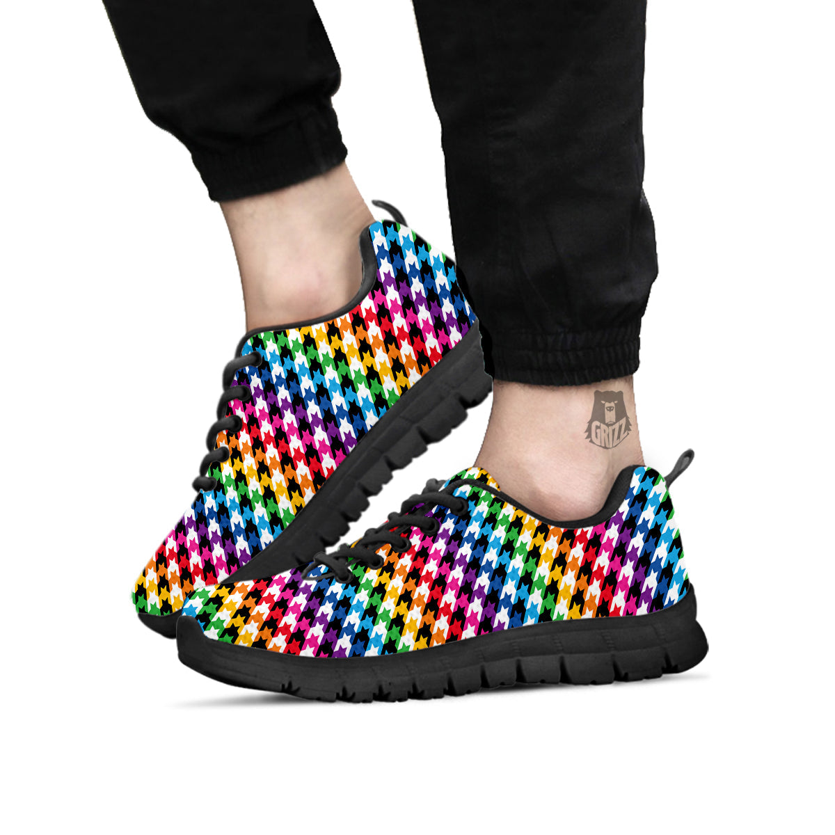 Houndstooth Rainbow Pride Print Pattern Black Sneaker-grizzshop
