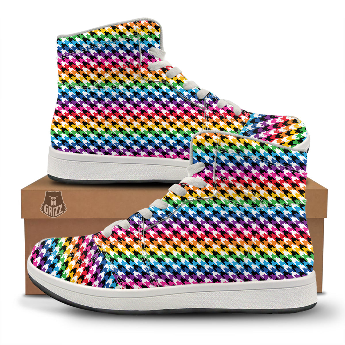 Houndstooth Rainbow Pride Print Pattern High Top Sneakers-grizzshop