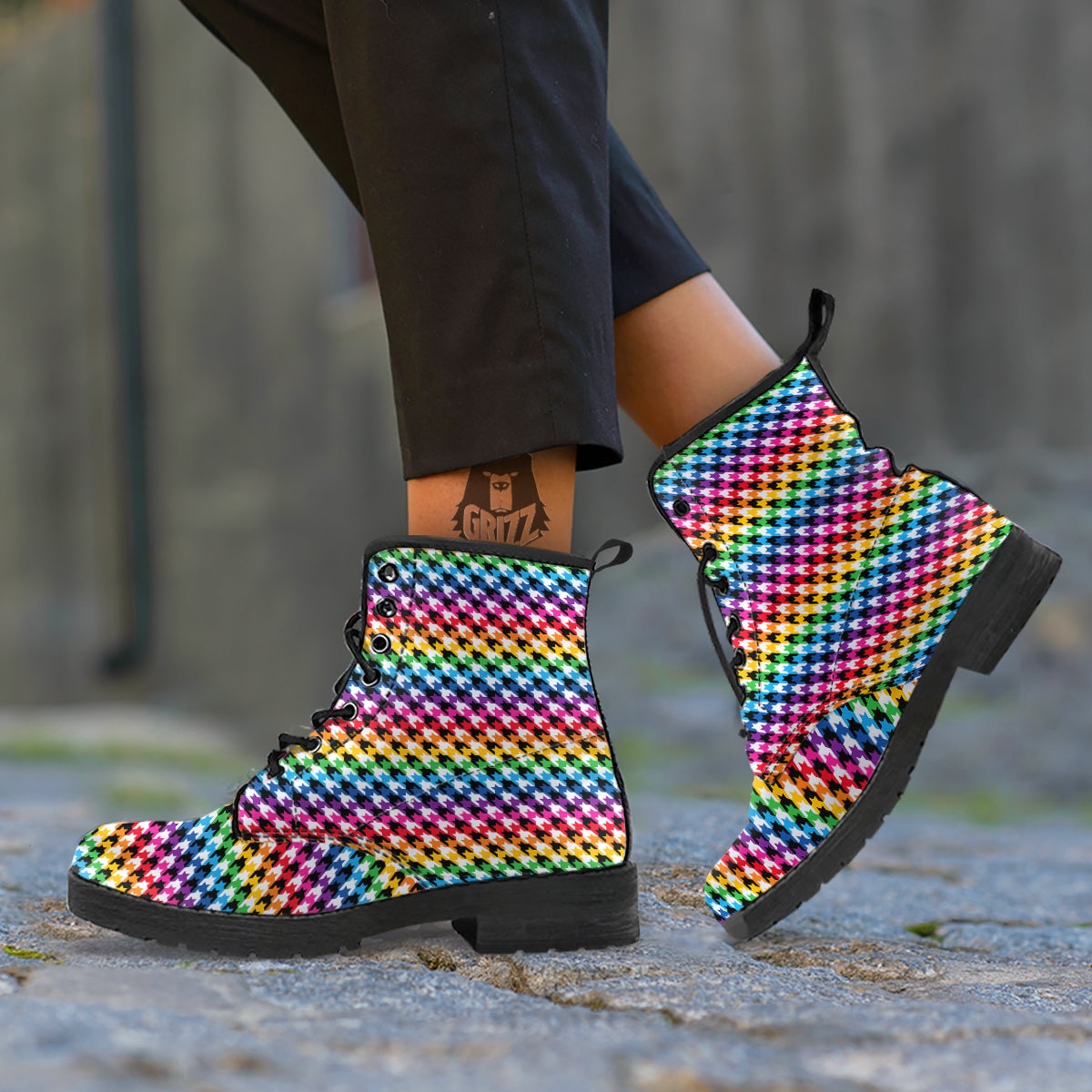 Houndstooth Rainbow Pride Print Pattern Leather Boots-grizzshop