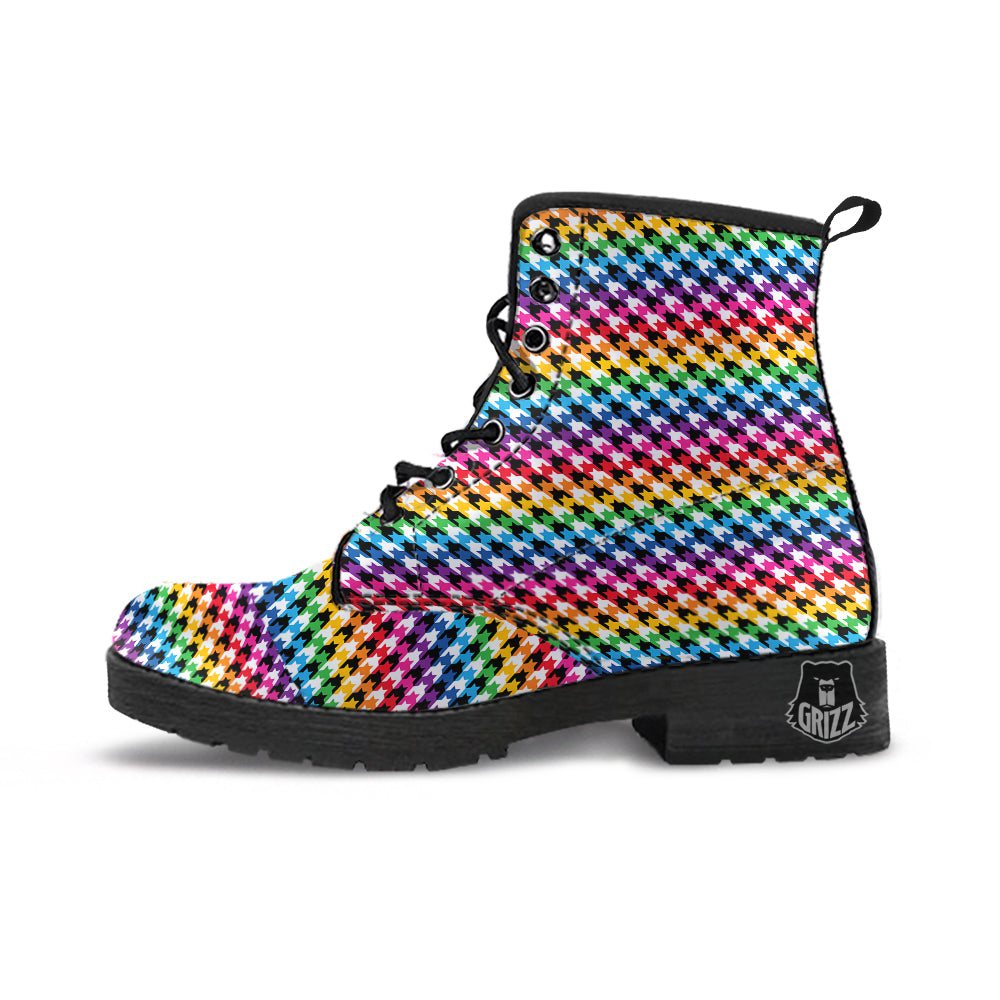 Houndstooth Rainbow Pride Print Pattern Leather Boots-grizzshop