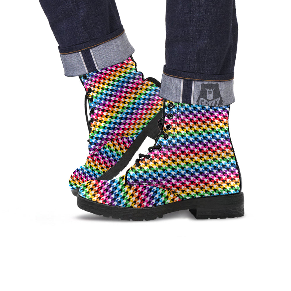 Houndstooth Rainbow Pride Print Pattern Leather Boots-grizzshop