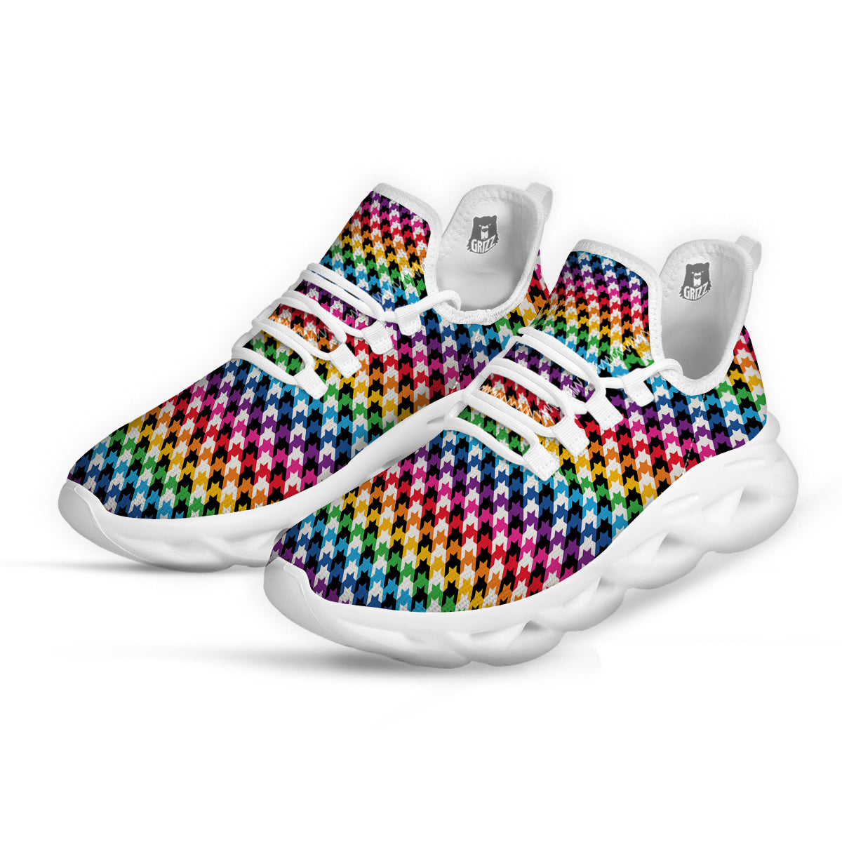 Houndstooth Rainbow Pride Print Pattern White Running Shoes-grizzshop