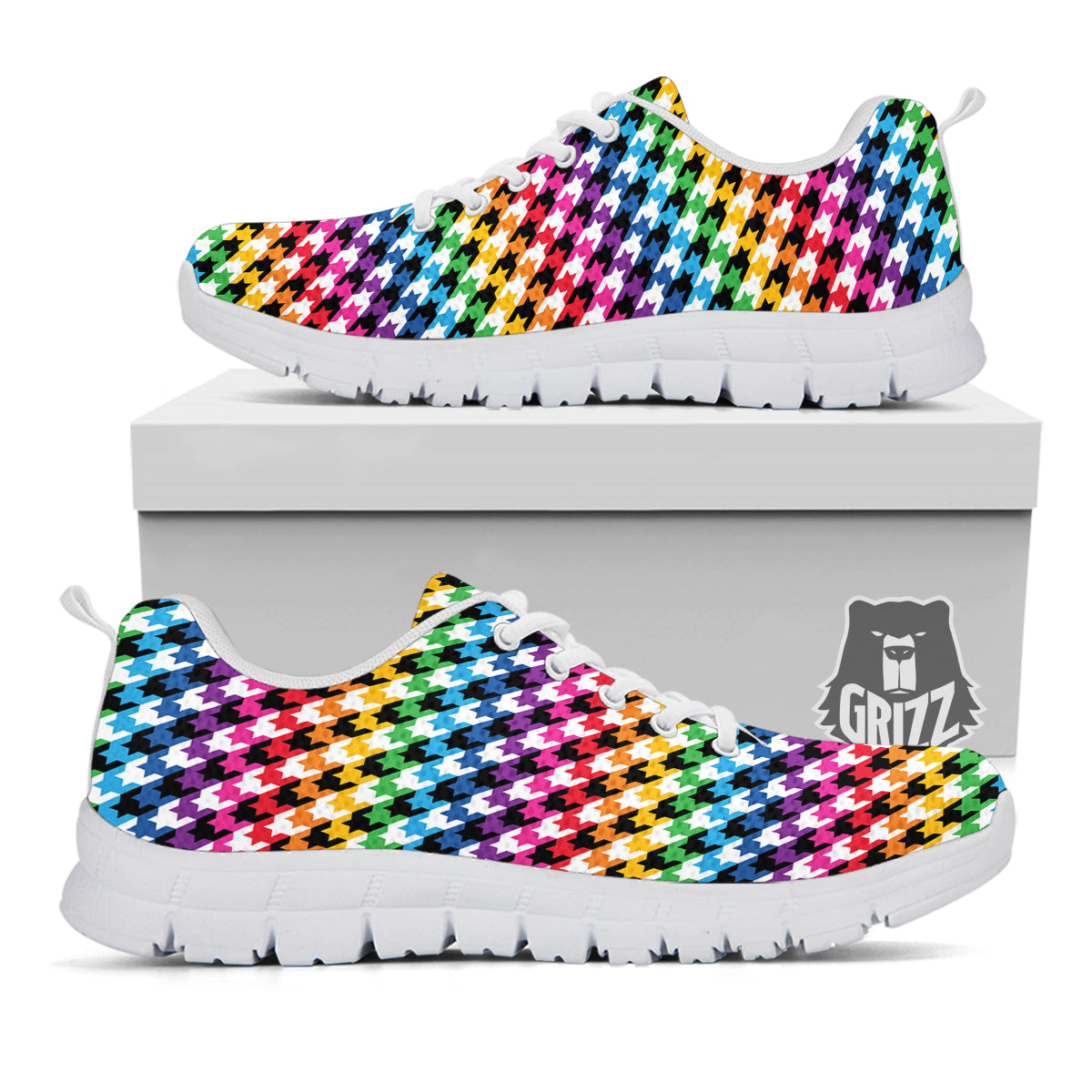 Houndstooth Rainbow Pride Print Pattern White Sneaker-grizzshop