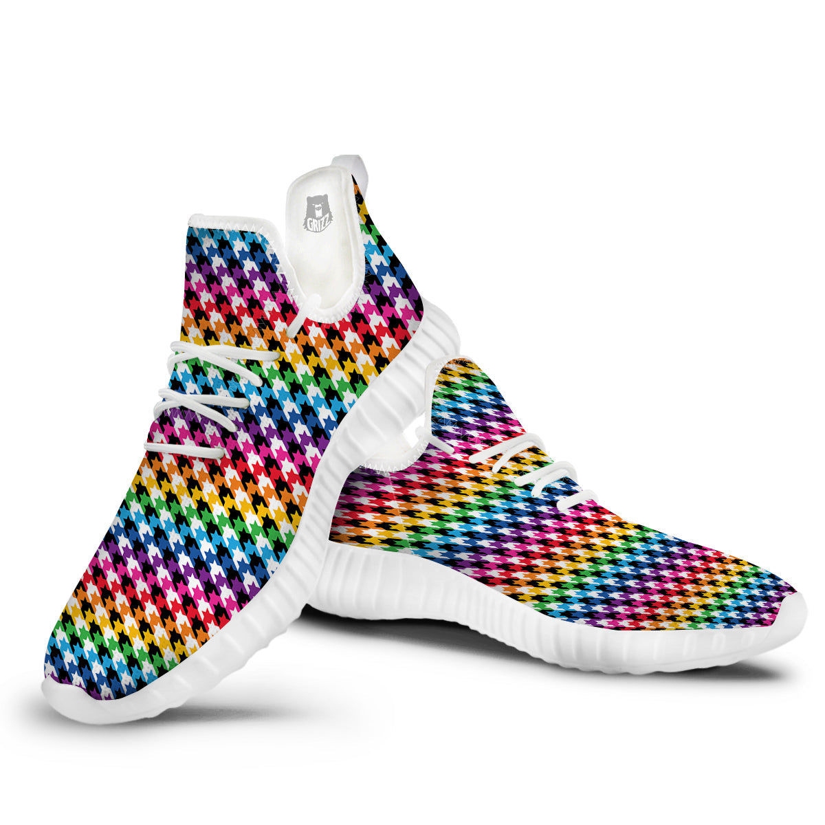 Houndstooth Rainbow Pride Print Pattern White Walking Shoes-grizzshop