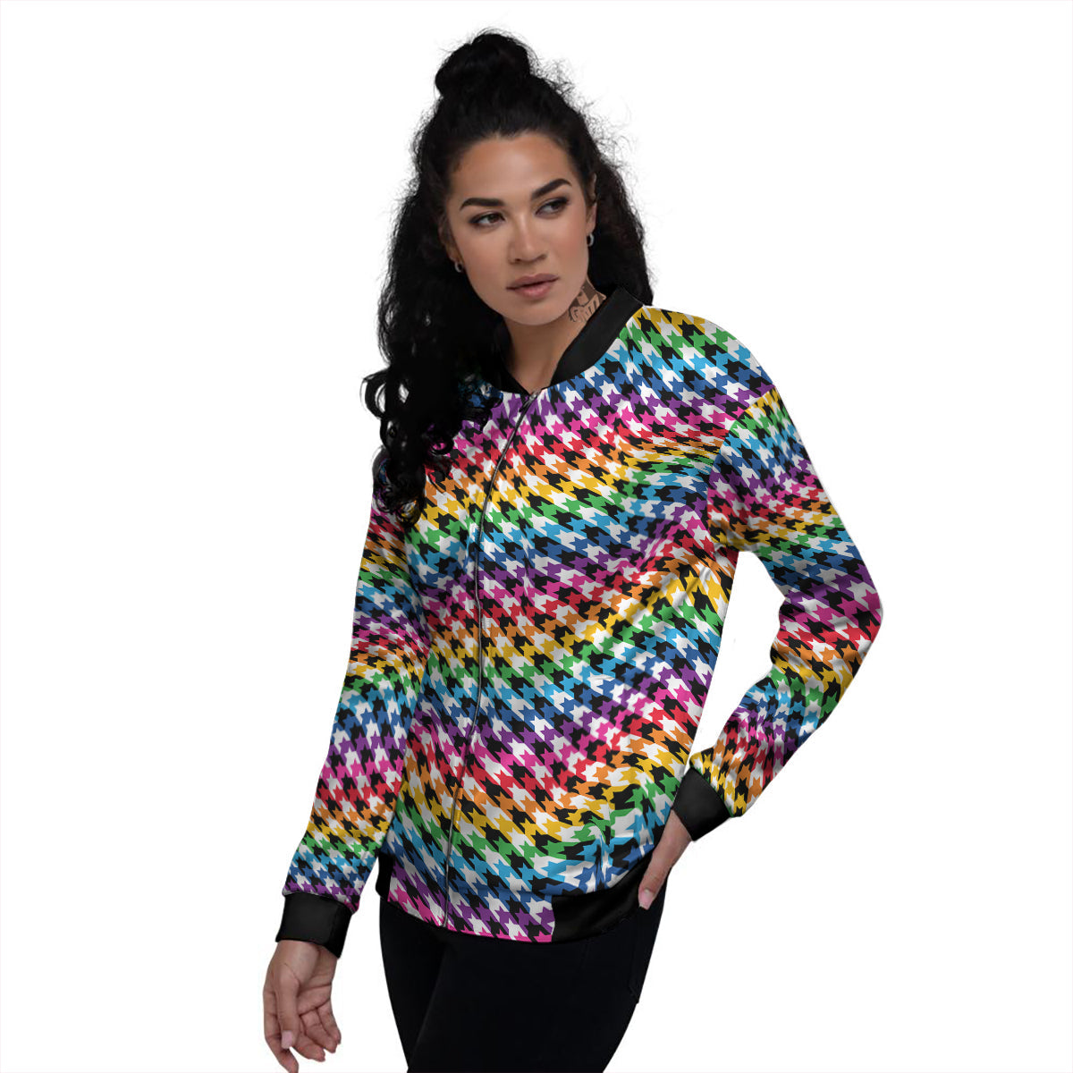 Houndstooth Rainbow Pride Print Pattern Women's Bomber Jacket-grizzshop