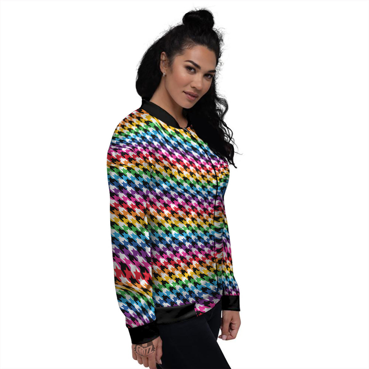 Houndstooth Rainbow Pride Print Pattern Women's Bomber Jacket-grizzshop
