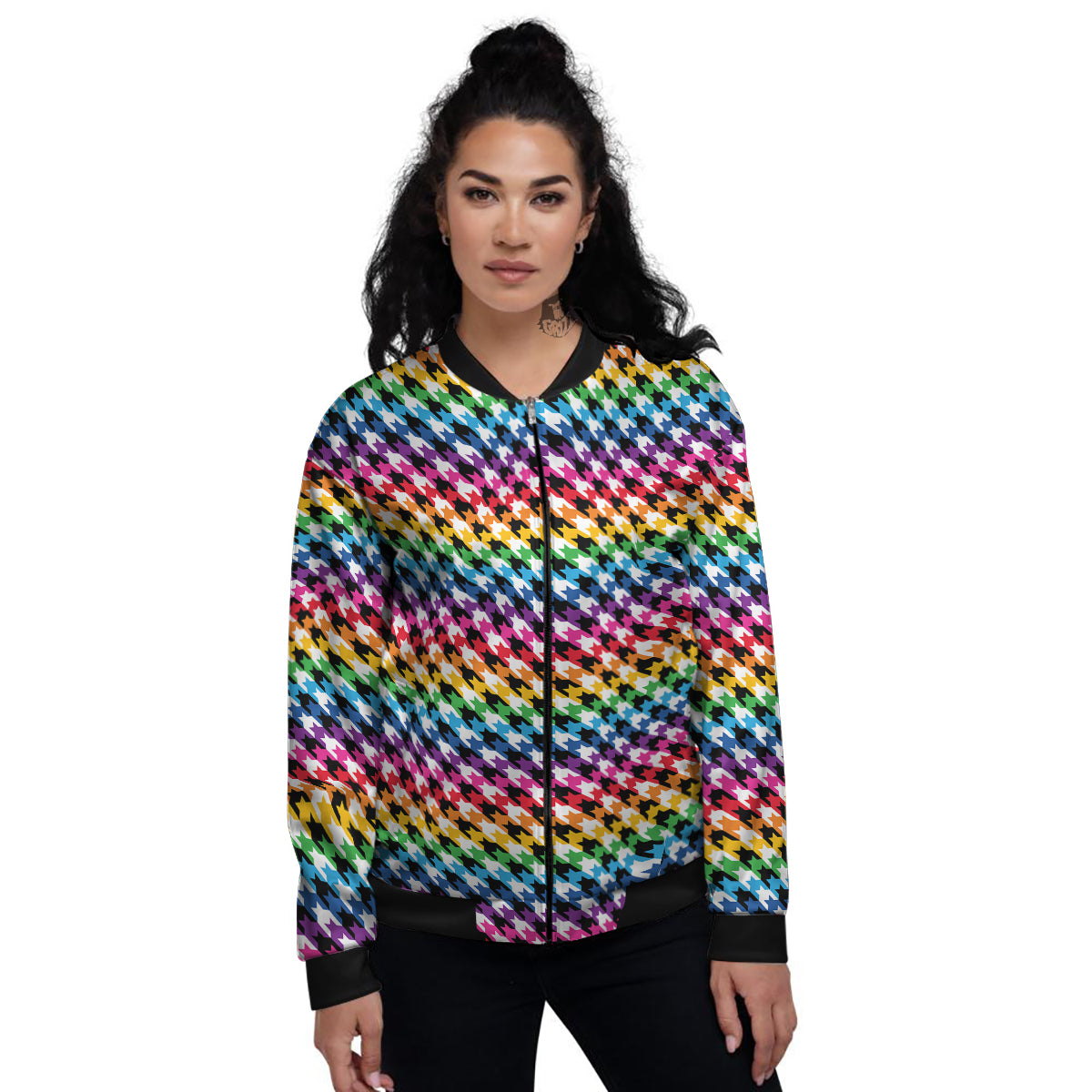 Houndstooth Rainbow Pride Print Pattern Women's Bomber Jacket-grizzshop