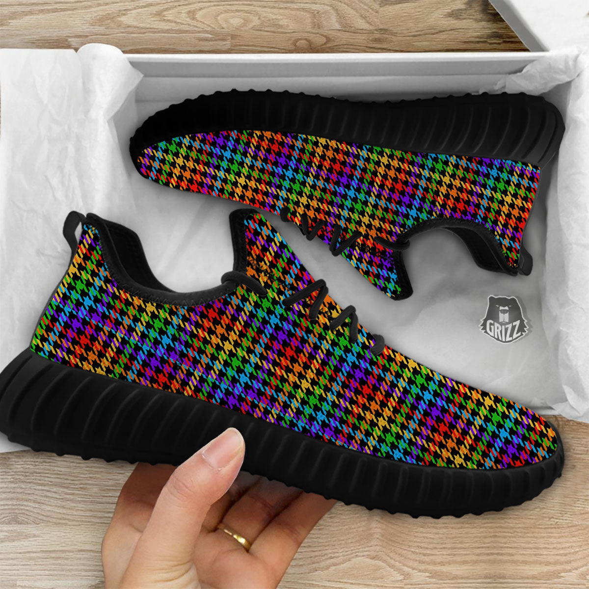 Houndstooth Rainbow Print Pattern Black Walking Shoes-grizzshop