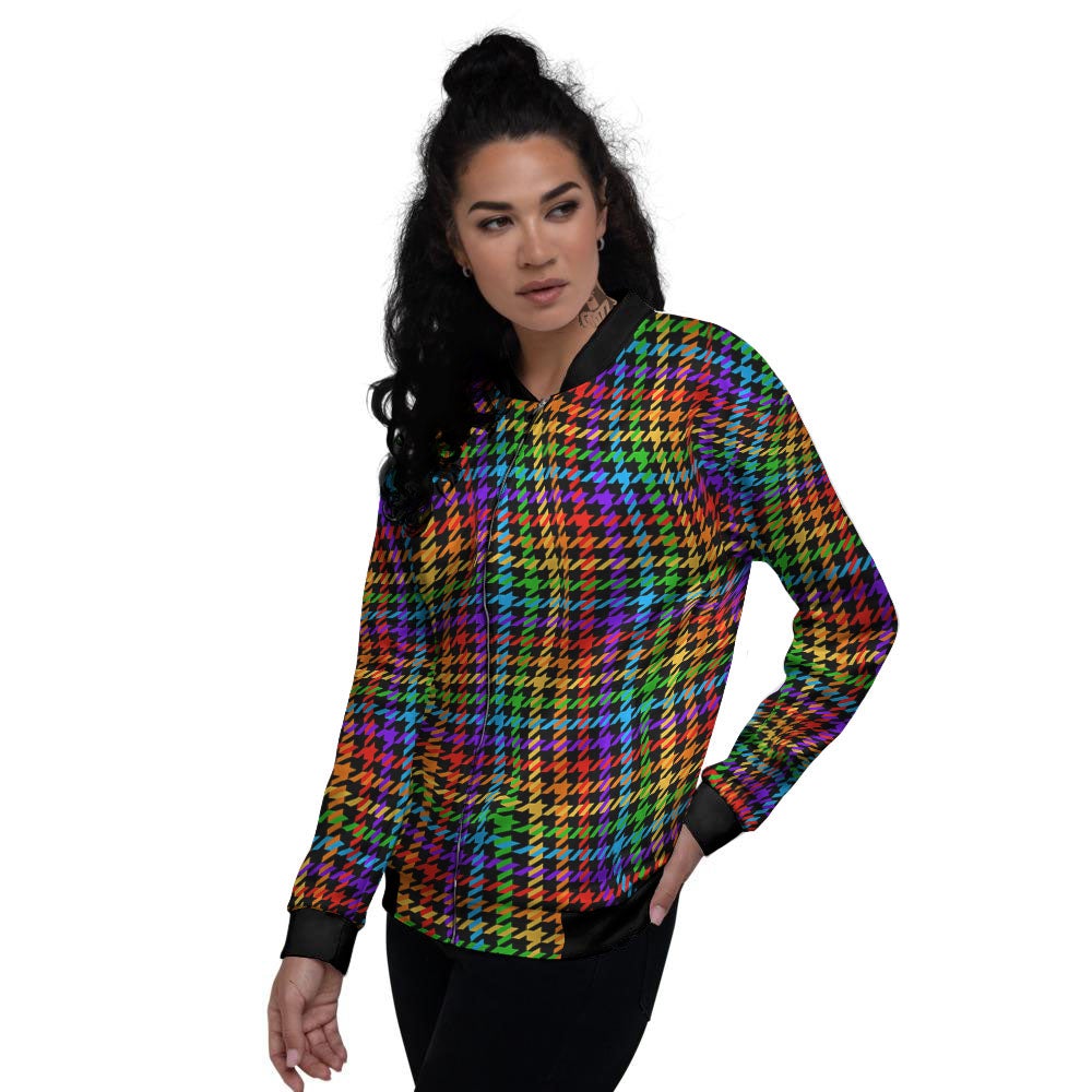 Houndstooth Rainbow Print Pattern Women's Bomber Jacket-grizzshop