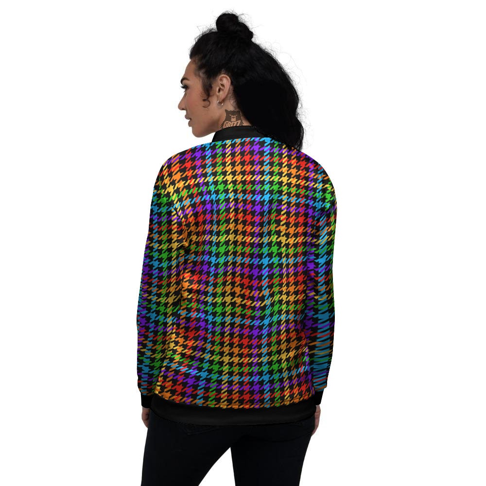 Houndstooth Rainbow Print Pattern Women's Bomber Jacket-grizzshop