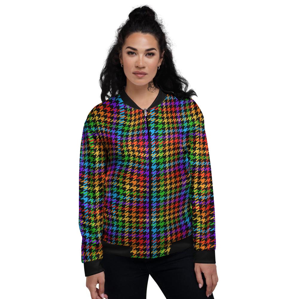Houndstooth Rainbow Print Pattern Women's Bomber Jacket-grizzshop