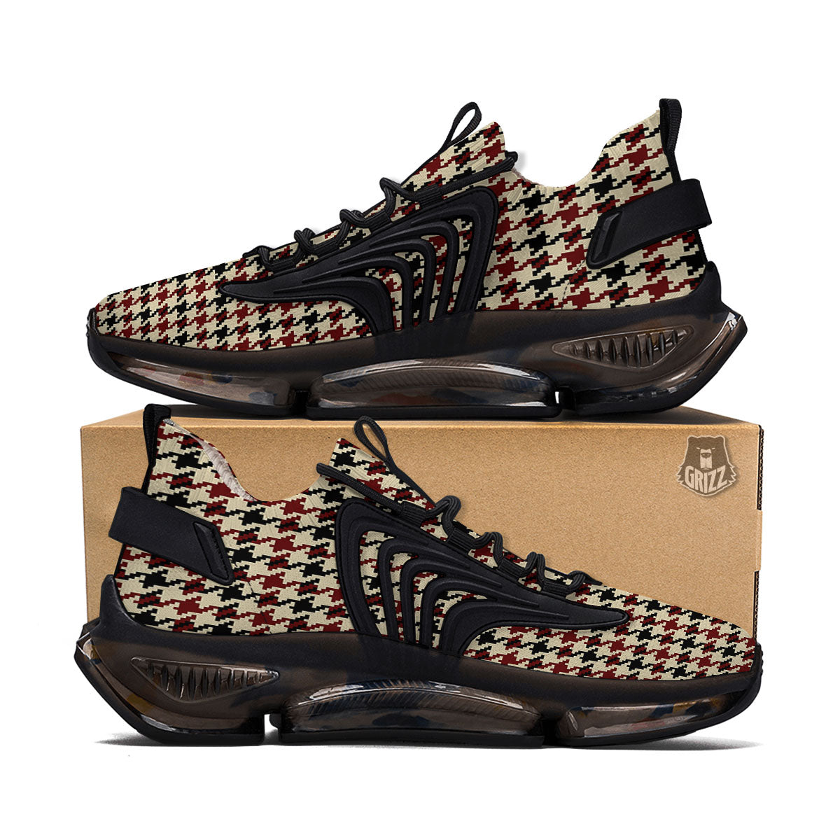 Houndstooth Red Brown Print Pattern Black Gym Shoes-grizzshop