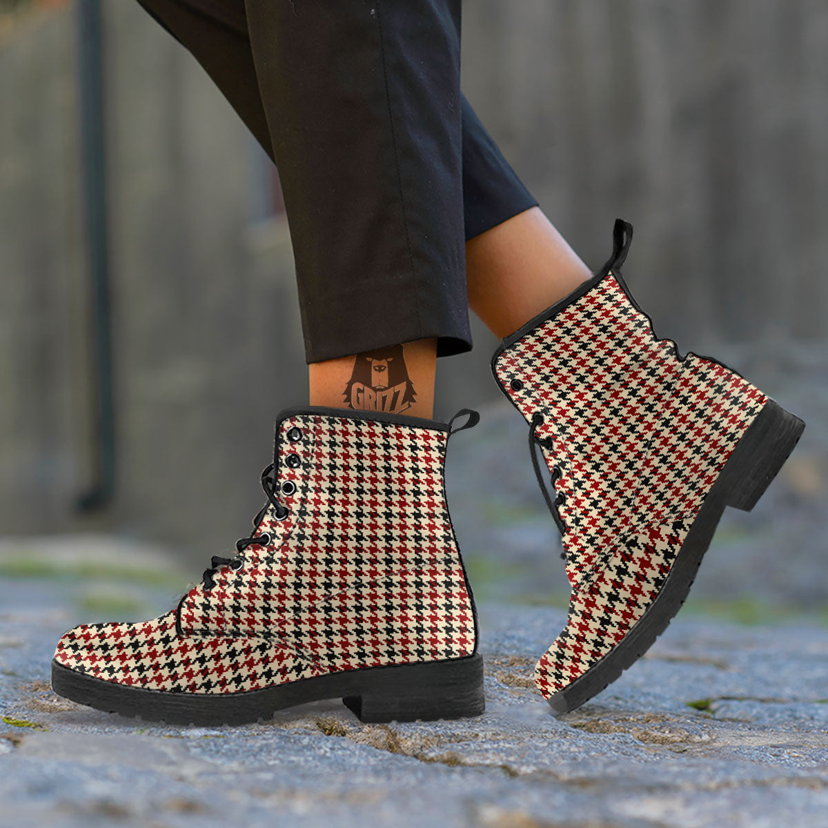 Houndstooth Red Brown Print Pattern Leather Boots-grizzshop