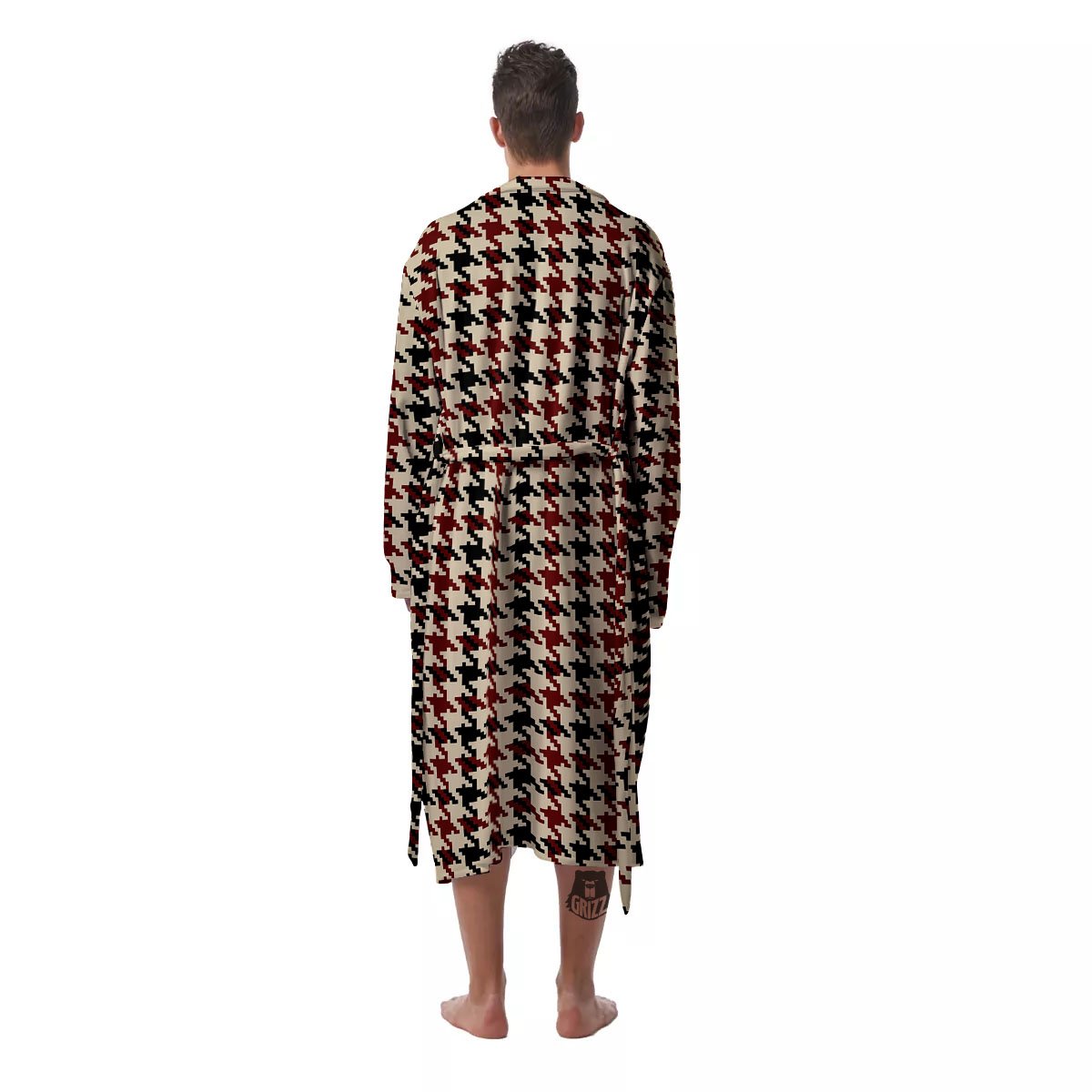 Houndstooth Red Brown Print Pattern Men's Robe-grizzshop