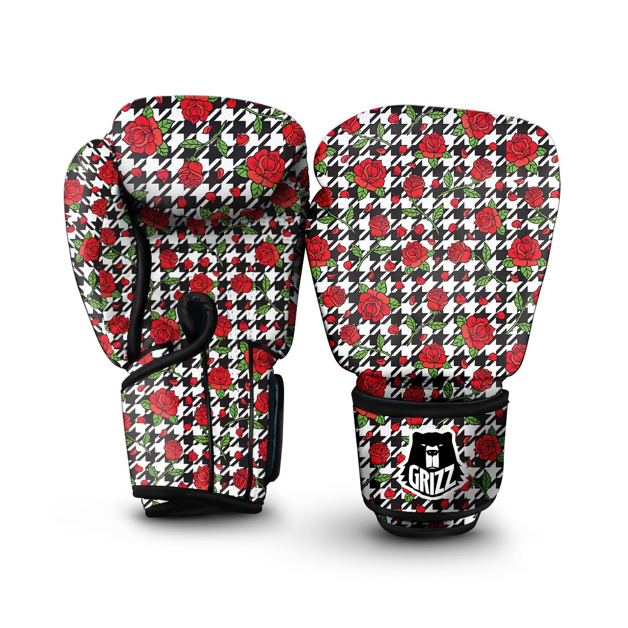 Houndstooth Red Roses Print Pattern Boxing Gloves-grizzshop