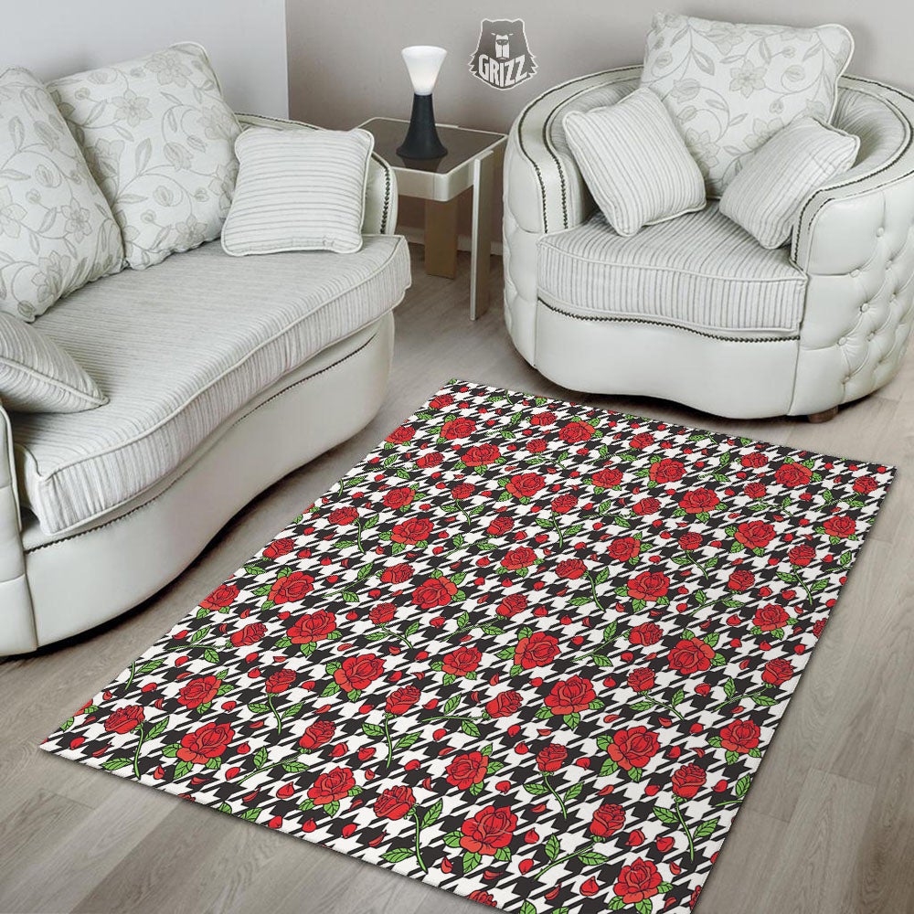 Houndstooth Red Roses Print Pattern Floor Mat-grizzshop