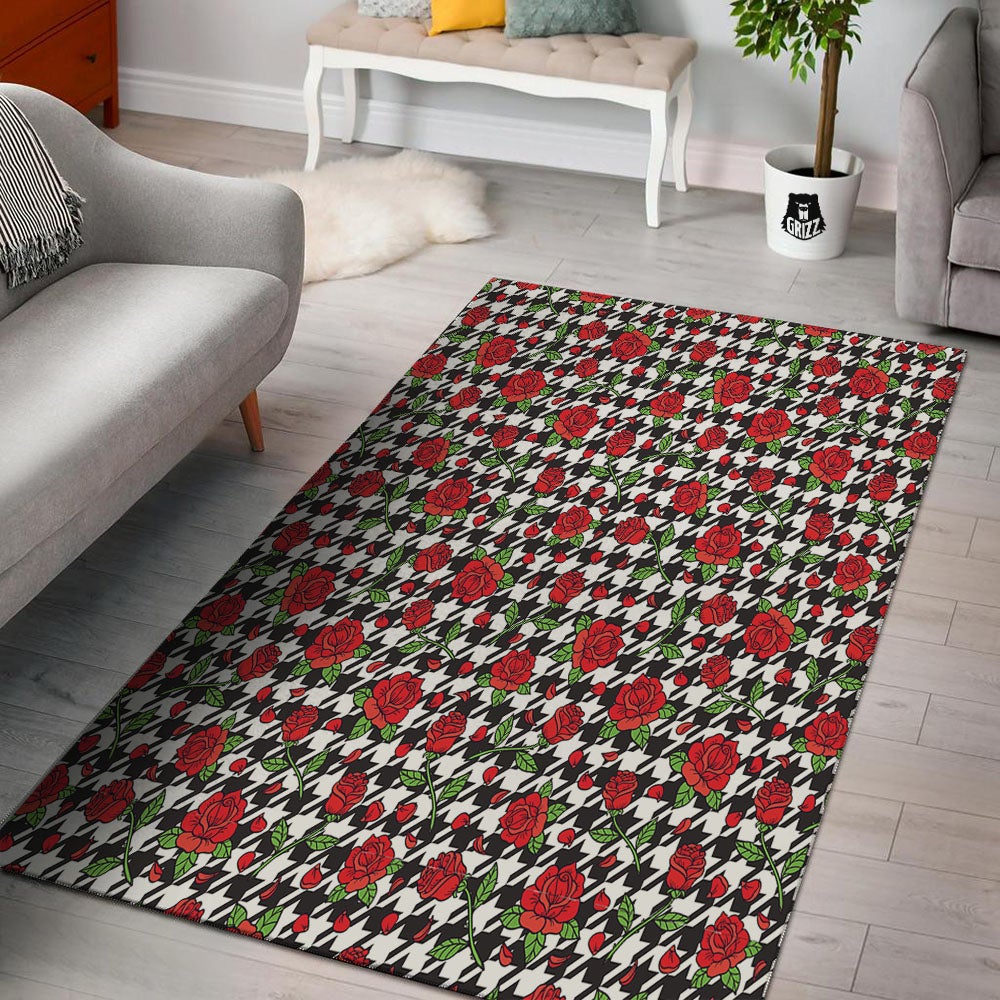 Houndstooth Red Roses Print Pattern Floor Mat-grizzshop