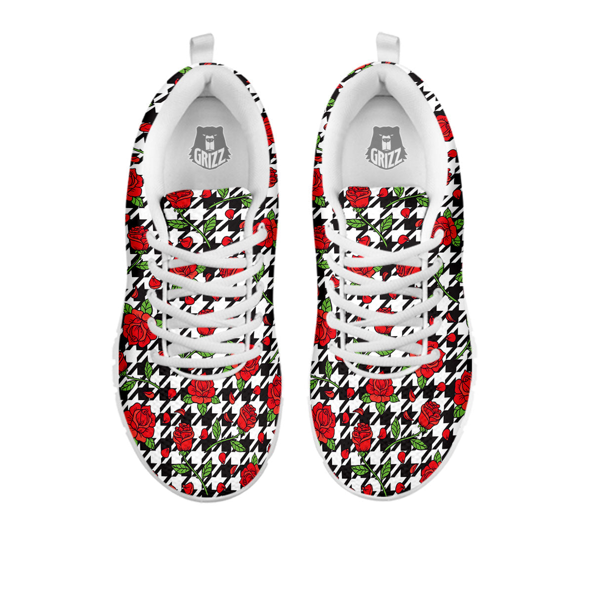 Houndstooth Red Roses Print Pattern White Sneaker-grizzshop