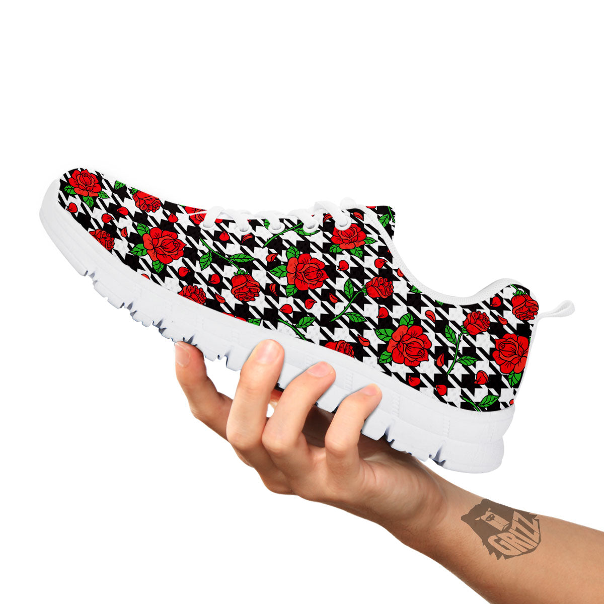 Houndstooth Red Roses Print Pattern White Sneaker-grizzshop