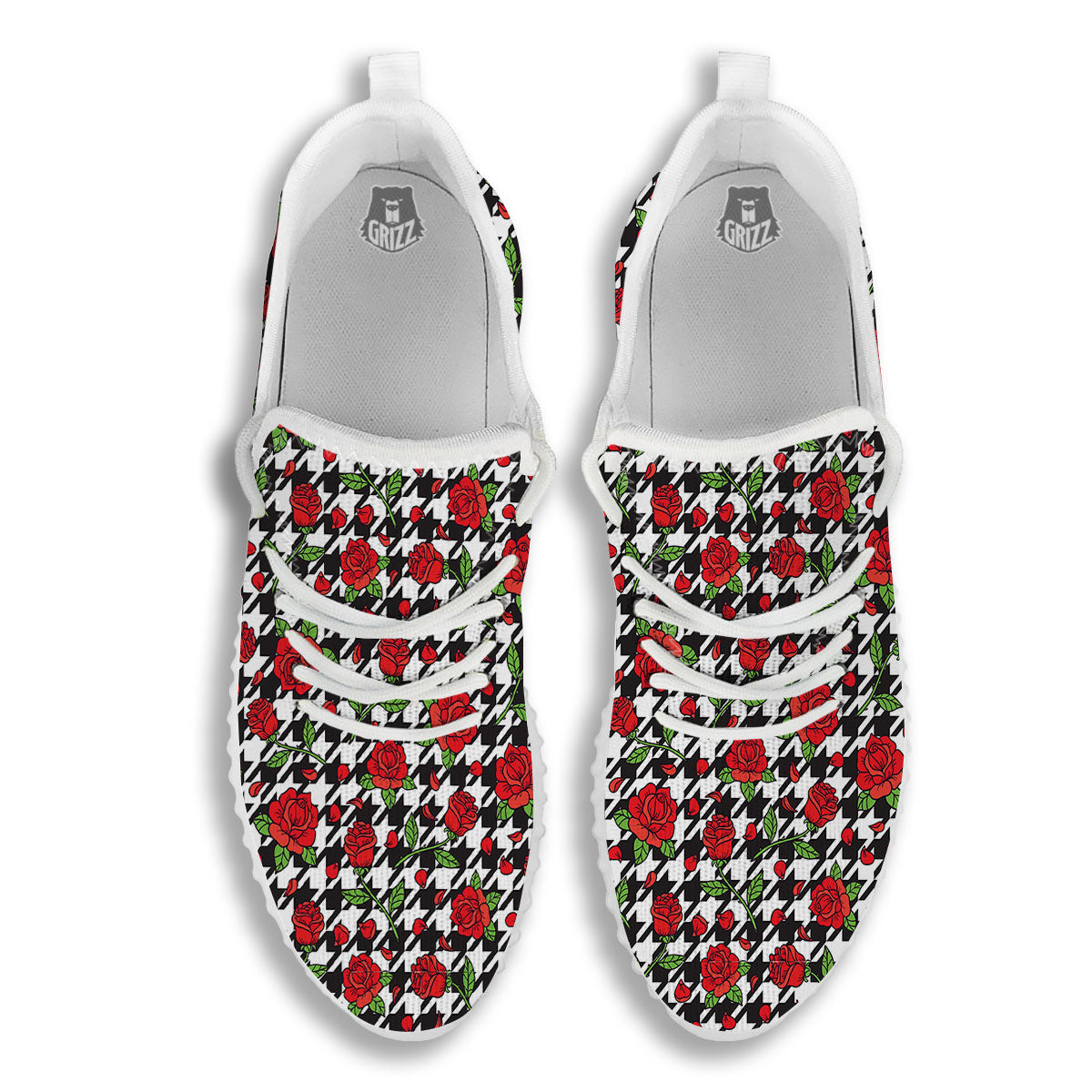 Houndstooth Red Roses Print Pattern White Walking Shoes-grizzshop