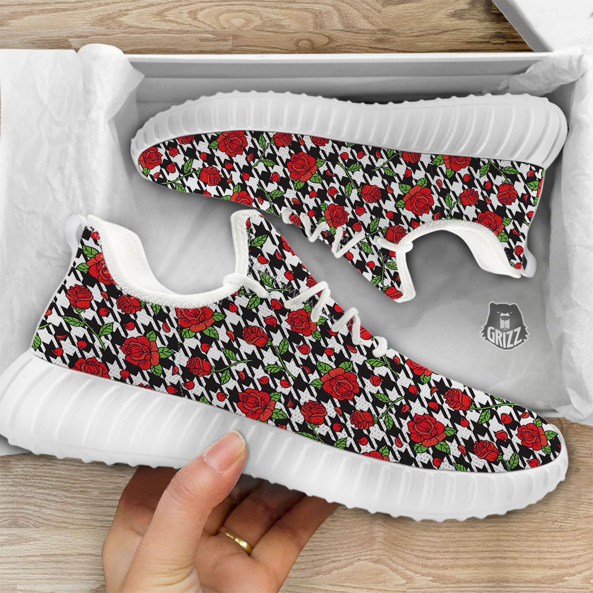 Houndstooth Red Roses Print Pattern White Walking Shoes-grizzshop
