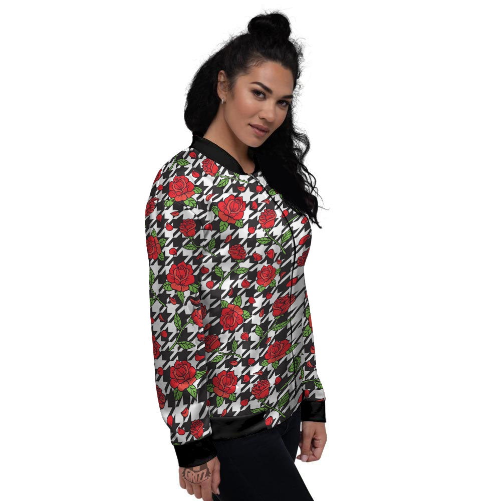 Houndstooth Red Roses Print Pattern Women's Bomber Jacket-grizzshop