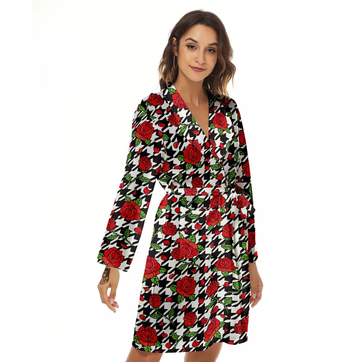 Houndstooth Red Roses Print Pattern Women's Robe-grizzshop