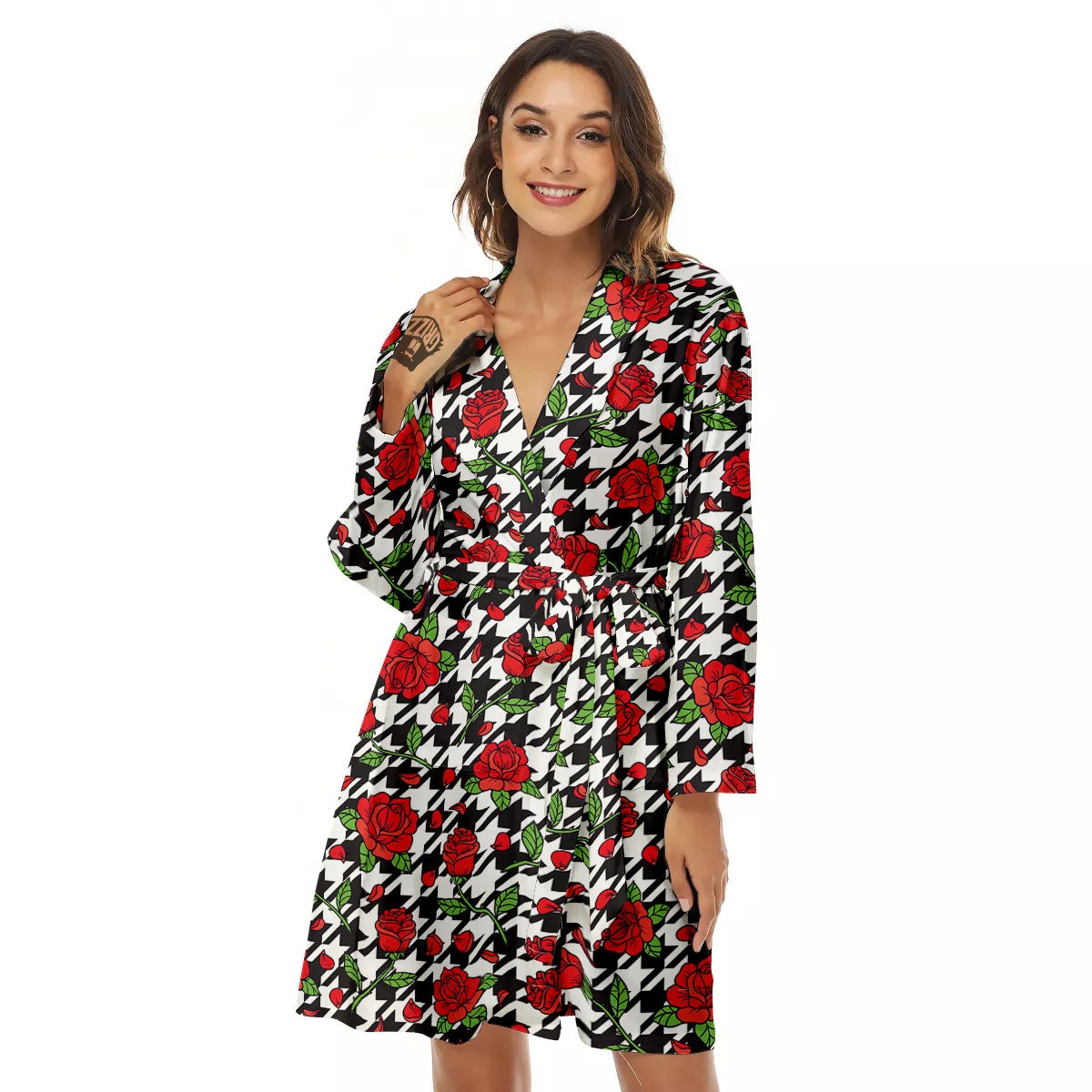 Houndstooth Red Roses Print Pattern Women's Robe-grizzshop