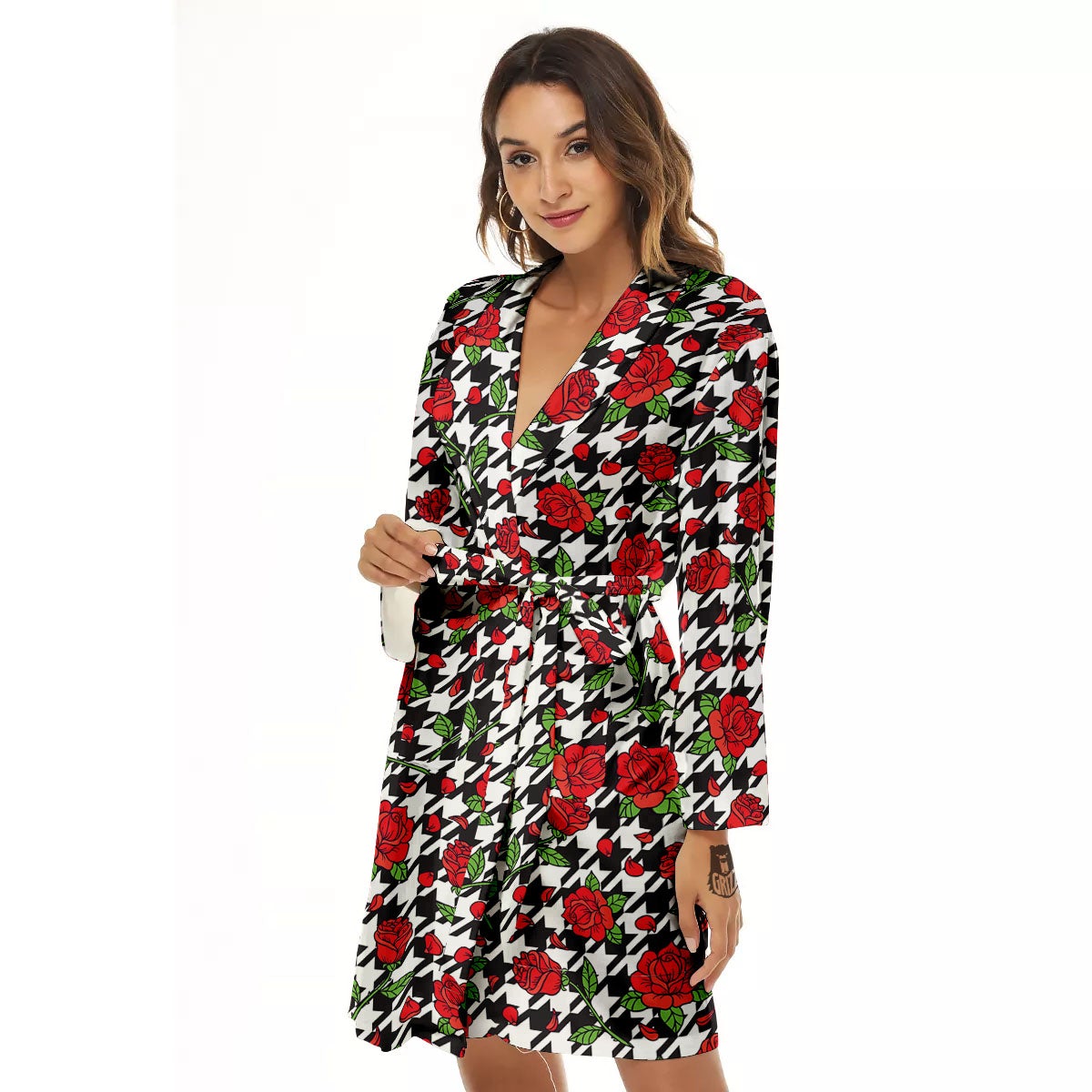 Houndstooth Red Roses Print Pattern Women's Robe-grizzshop