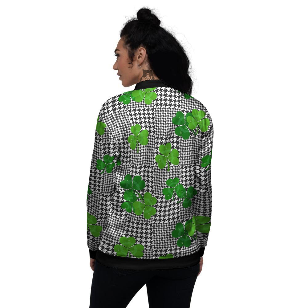 Houndstooth Shamrocks Print Pattern Women's Bomber Jacket-grizzshop