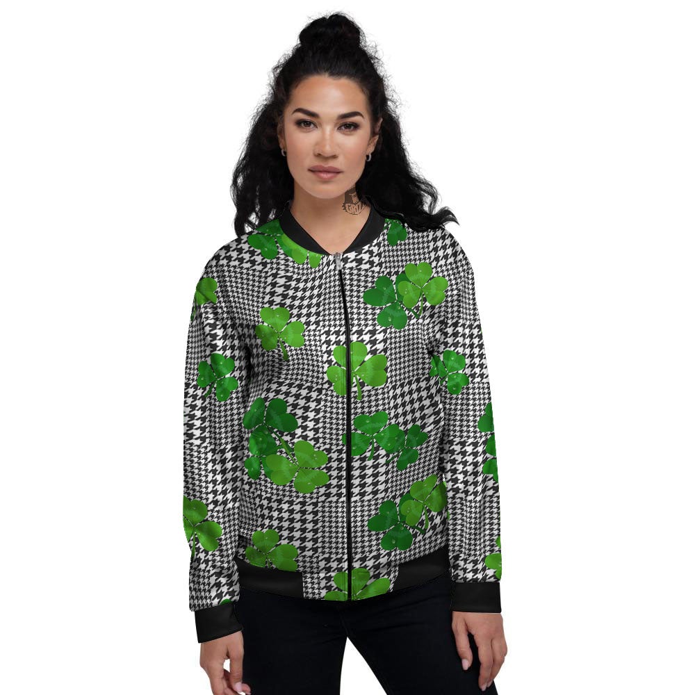 Houndstooth Shamrocks Print Pattern Women's Bomber Jacket-grizzshop