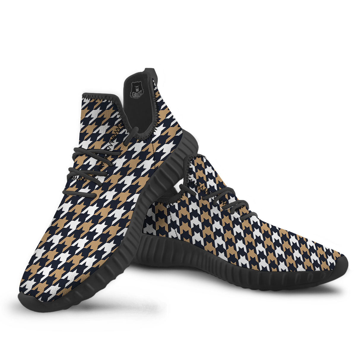 Houndstooth Tan And Brown Print Pattern Black Walking Shoes-grizzshop