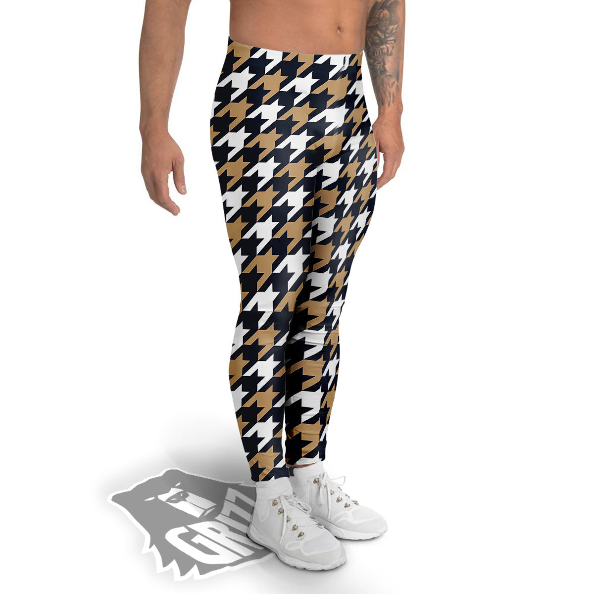 Houndstooth Tan And Brown Print Pattern Men's Leggings-grizzshop