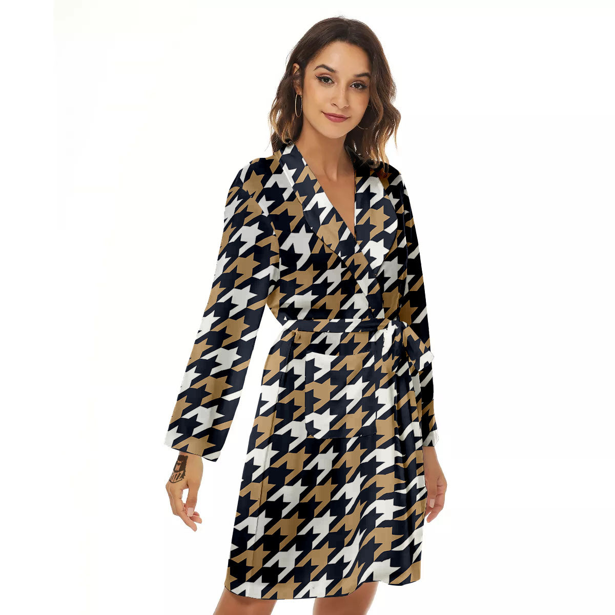 Houndstooth Tan And Brown Print Pattern Women's Robe-grizzshop