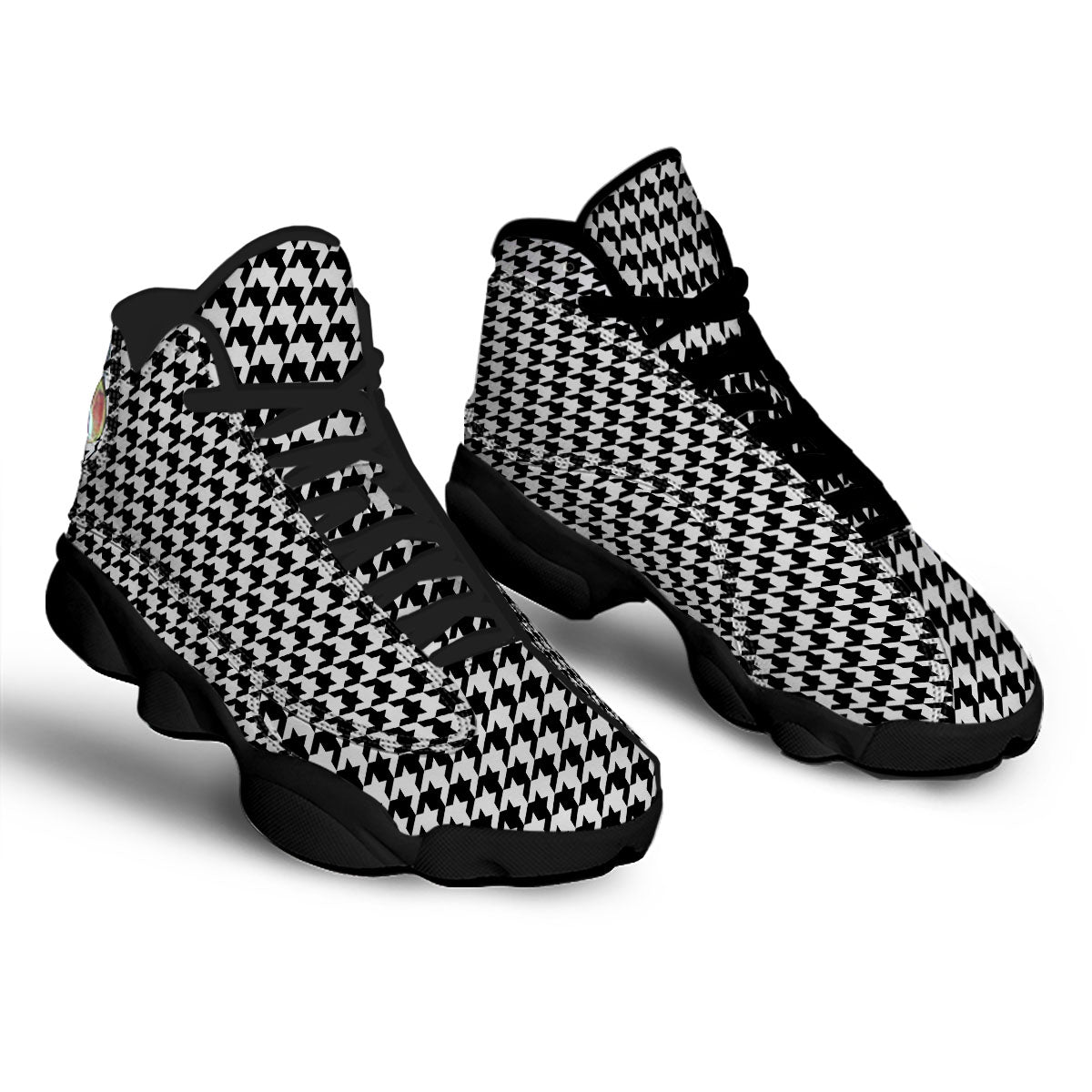 Houndstooth White And Black Print Black Basketball Shoes-grizzshop