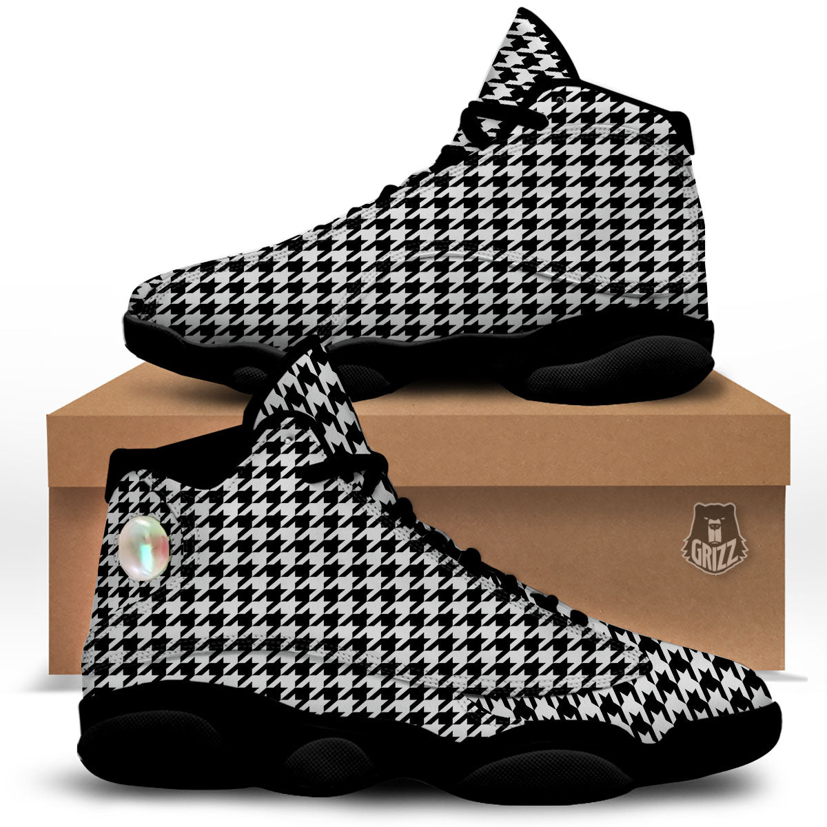Houndstooth White And Black Print Black Basketball Shoes-grizzshop