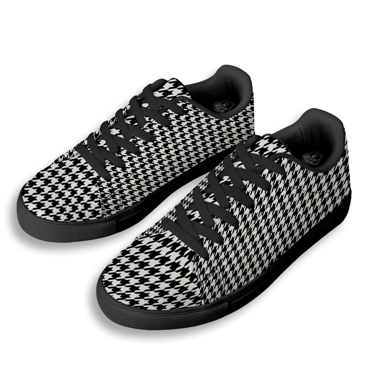 Houndstooth White And Black Print Black Low Top Sneakers-grizzshop