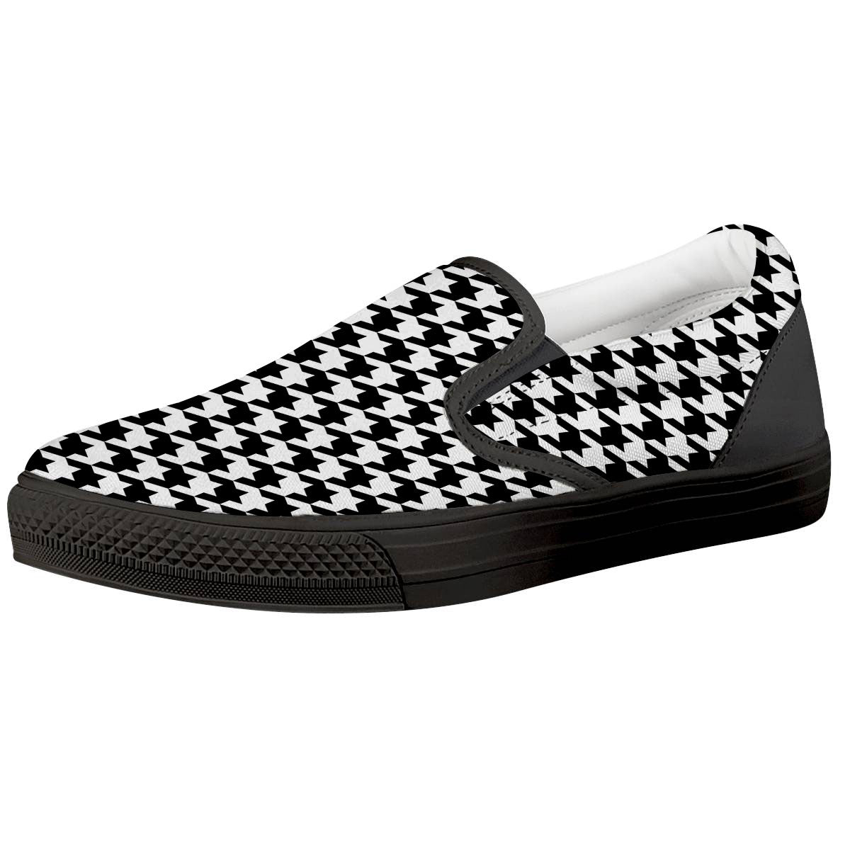 Houndstooth White And Black Print Black Slip On Shoes-grizzshop