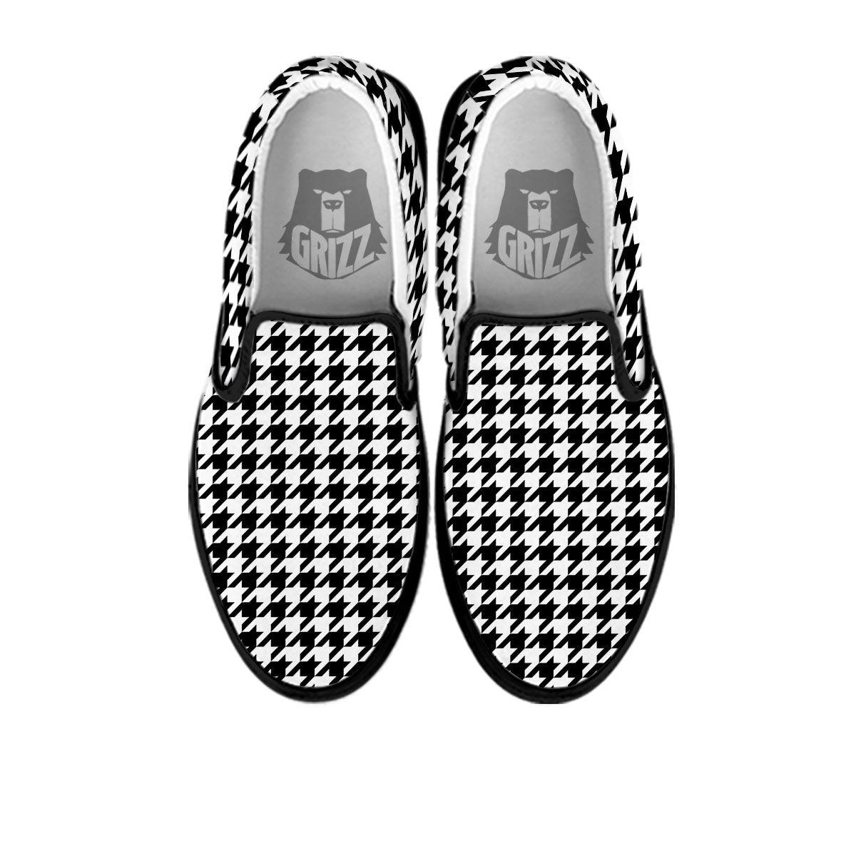 Houndstooth White And Black Print Black Slip On Shoes-grizzshop