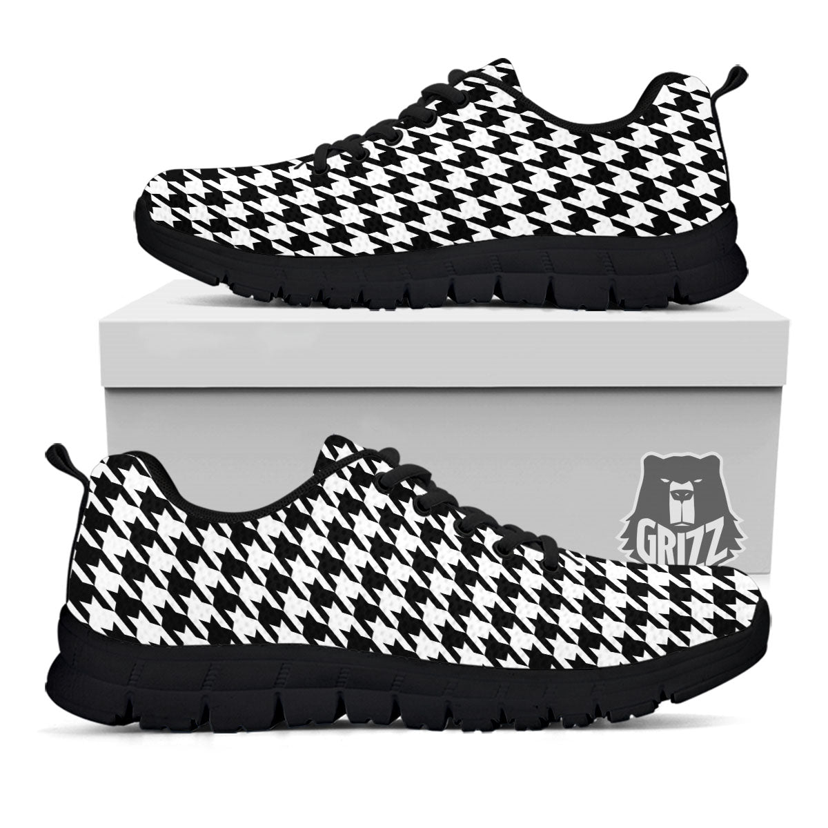 Houndstooth White And Black Print Black Sneaker-grizzshop