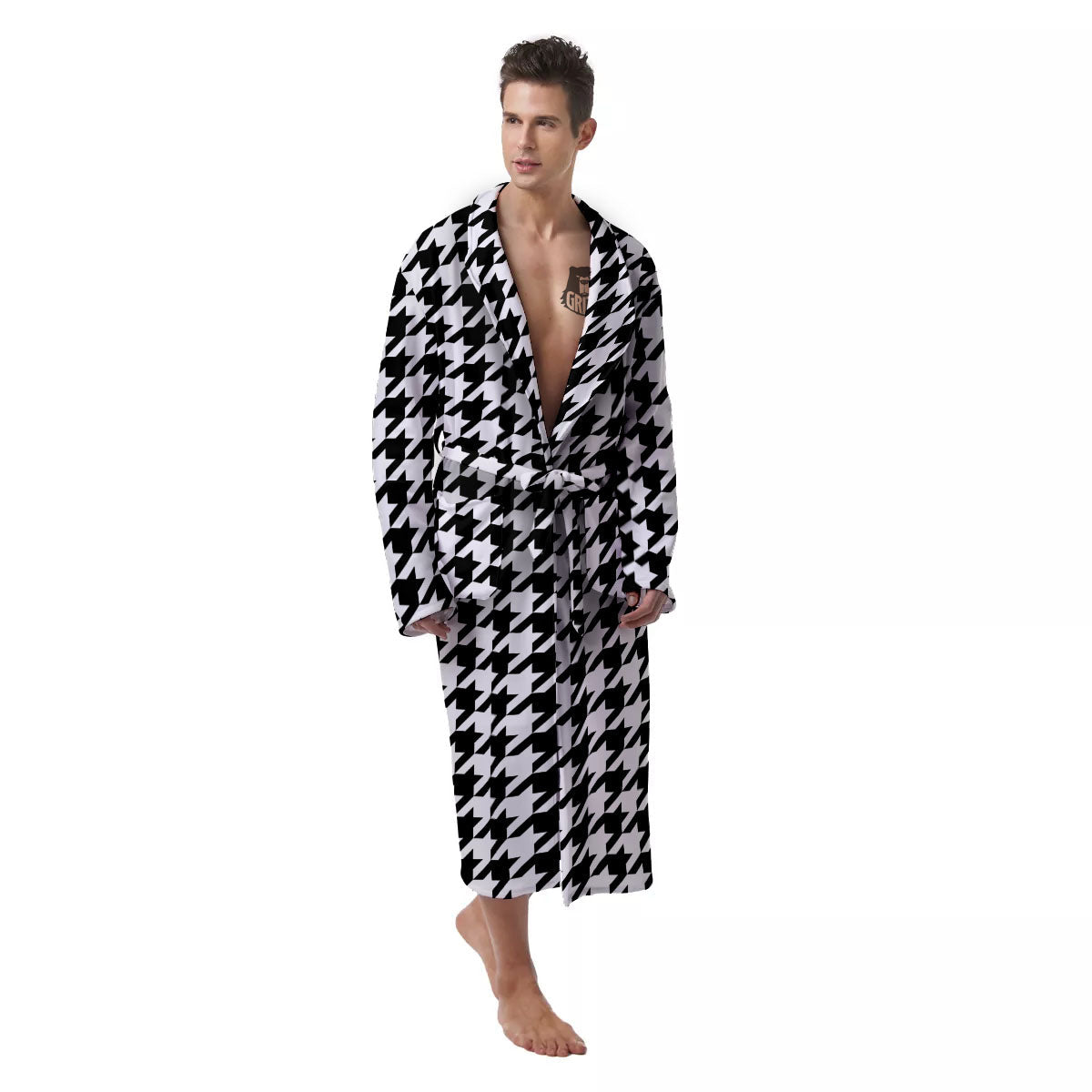Houndstooth White And Black Print Men's Robe-grizzshop