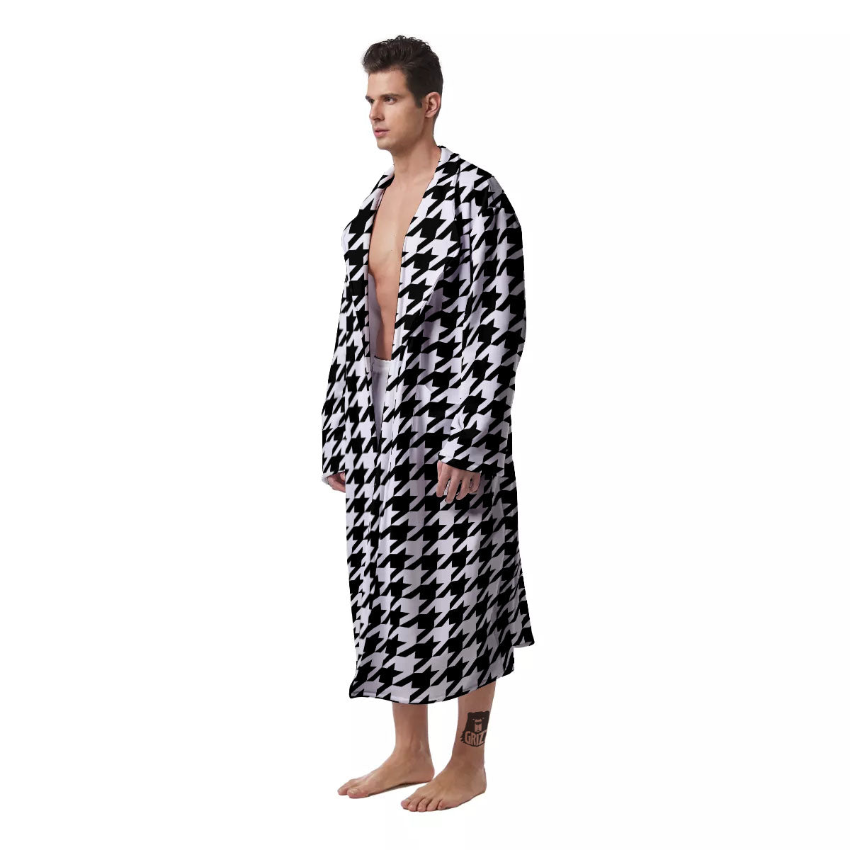 Houndstooth White And Black Print Men's Robe-grizzshop