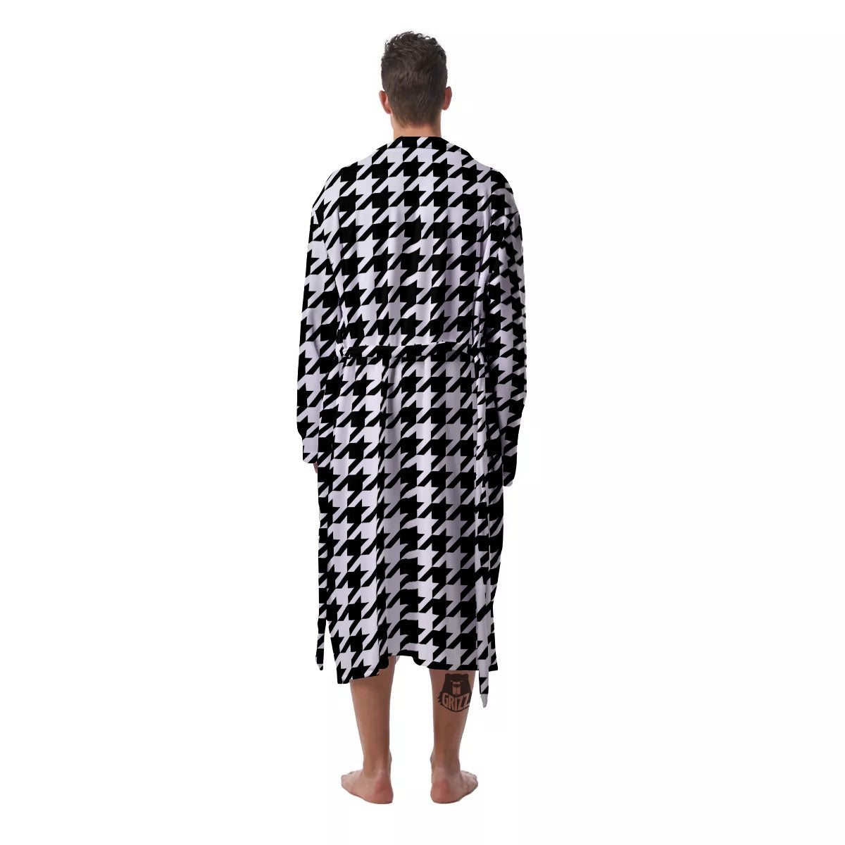 Houndstooth White And Black Print Men's Robe-grizzshop