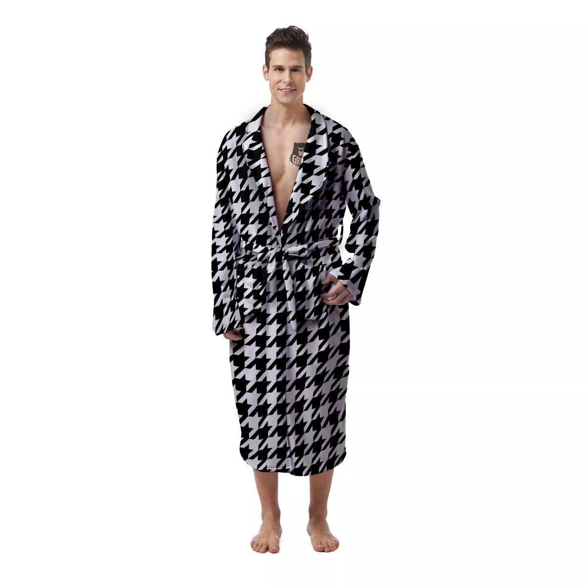 Houndstooth White And Black Print Men's Robe-grizzshop
