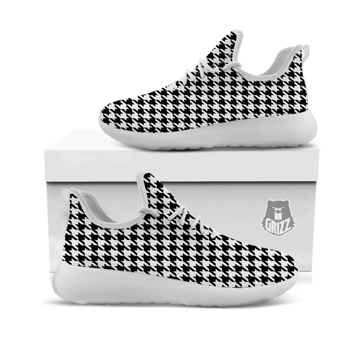 Houndstooth White And Black Print White Athletic Shoes