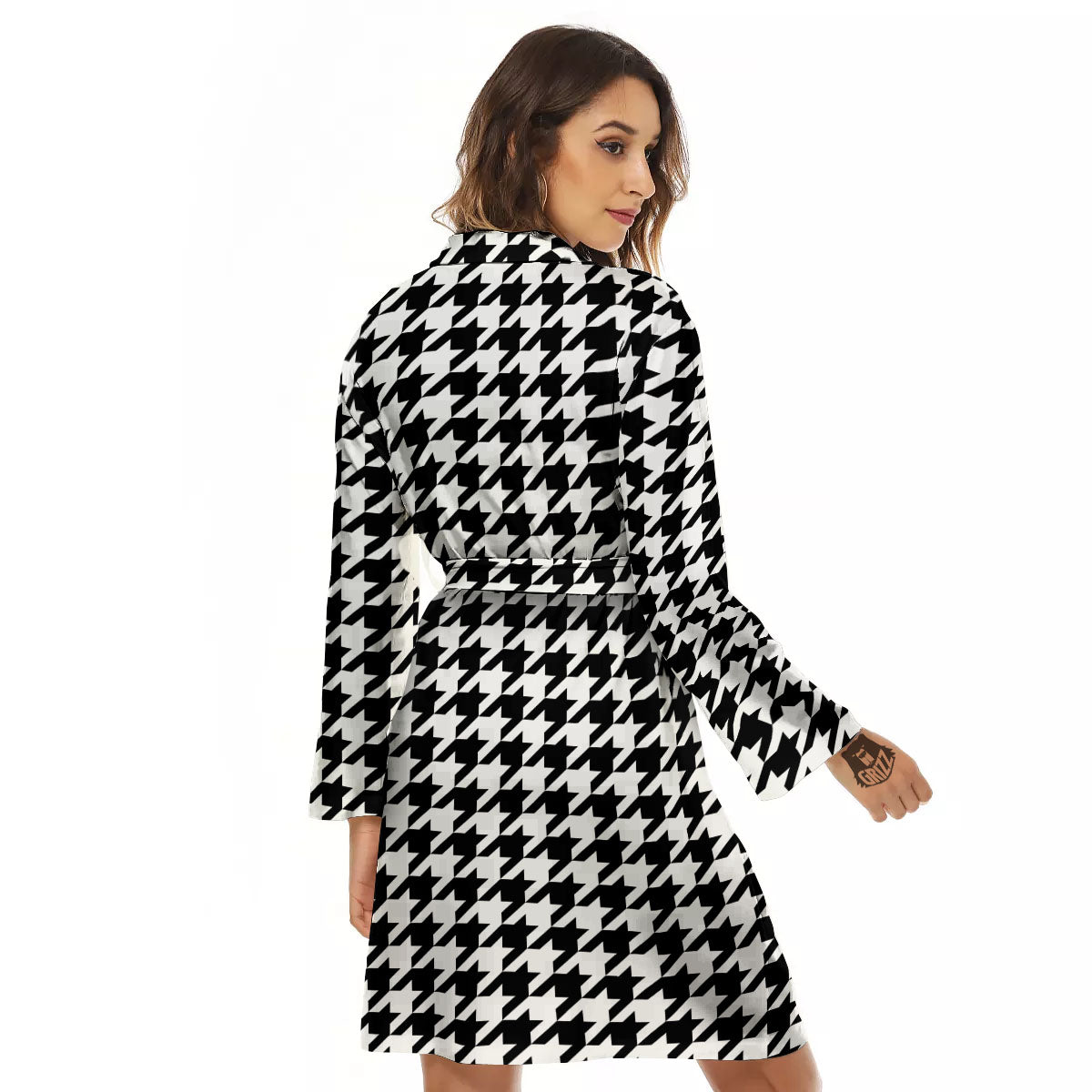 Houndstooth White And Black Print Women's Robe-grizzshop