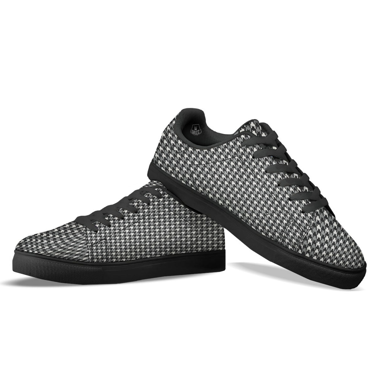 Houndstooth White And Grey Print Pattern Black Low Top Sneakers-grizzshop